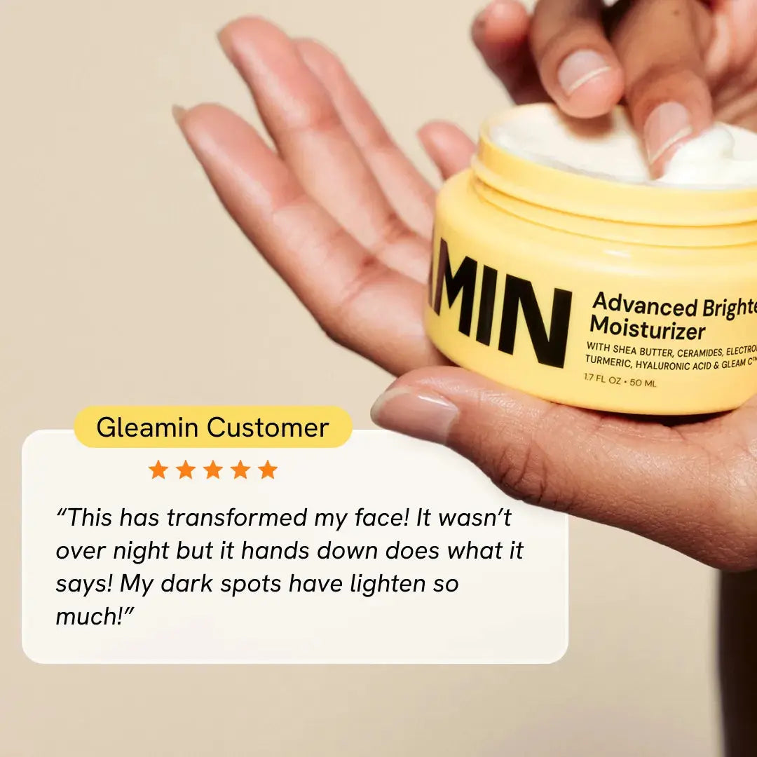 Advanced Brightening Moisturizer facial moisturizer by Gleamin in a yellow jar with white cream.