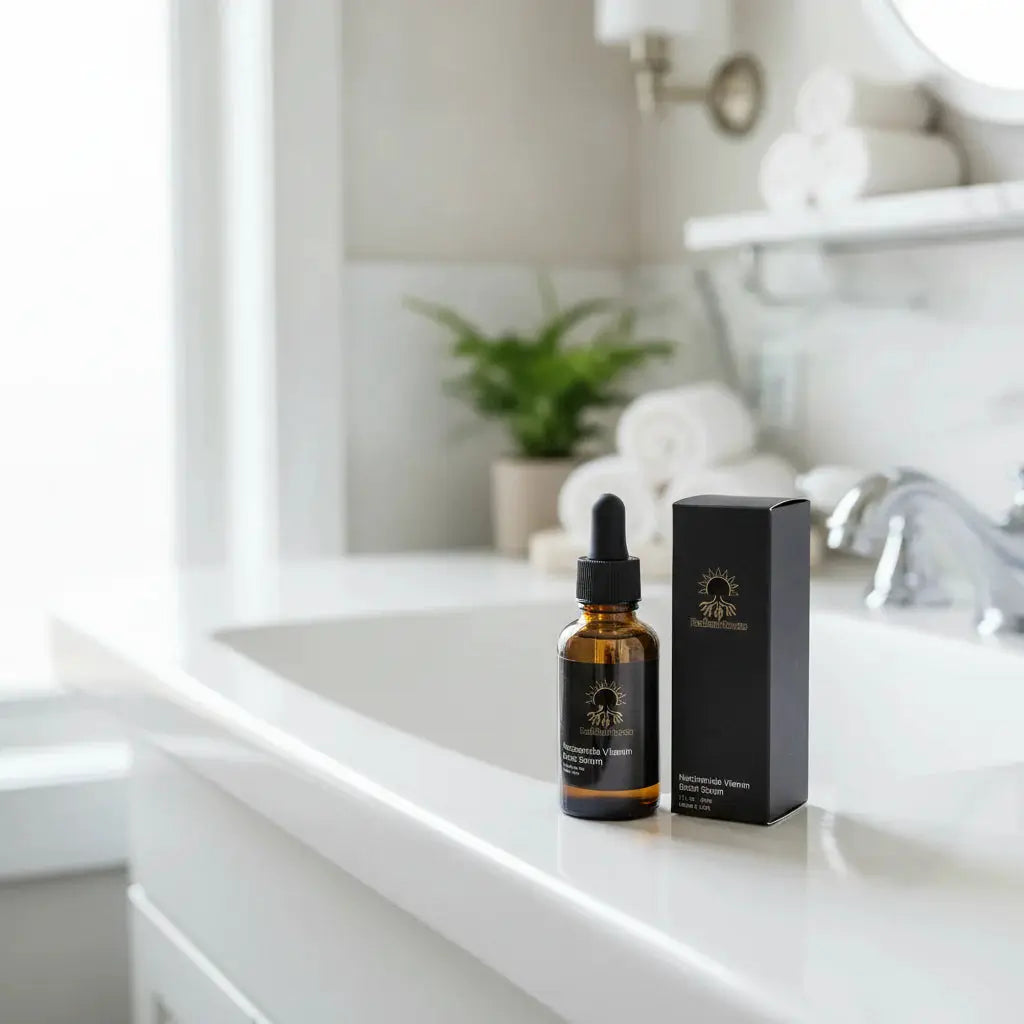 RadiantRoots Niacinamide Serum bottle with dropper and amber glass beside a black box in bathroom