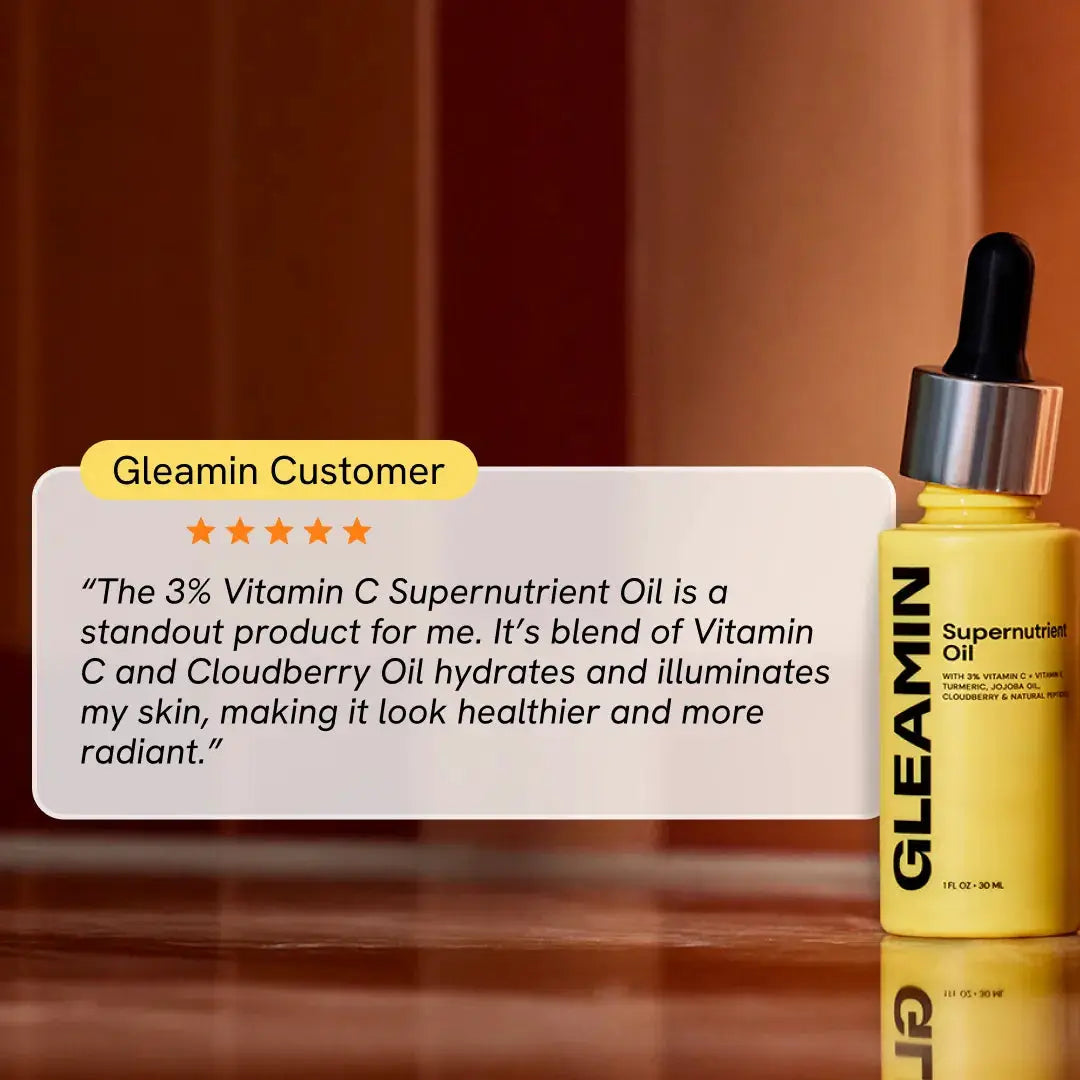 Gleamin Supernutrient Oil facial oil in a bright yellow bottle with dropper cap