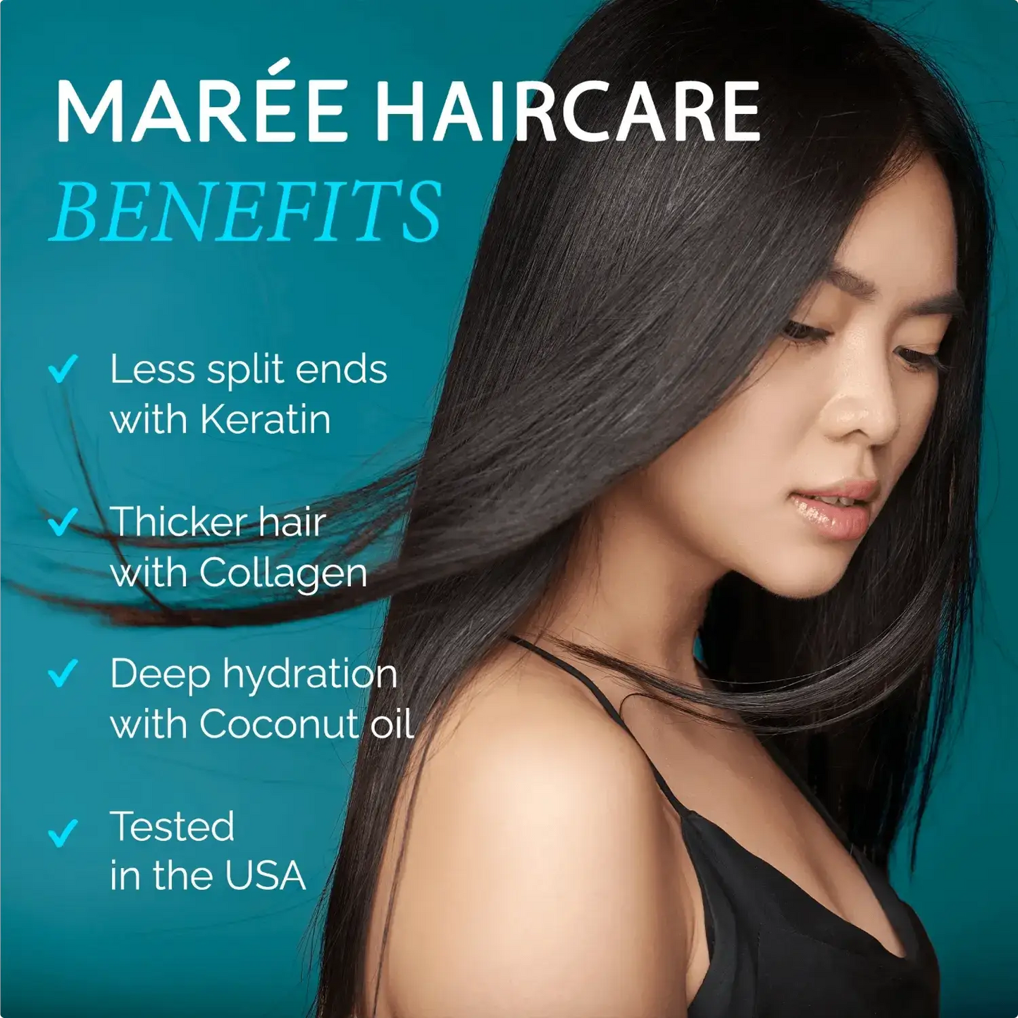Keratin Hair Treatment by Marée Haircare; long sleek black hair shown in Bath & Body Gift Sets promo