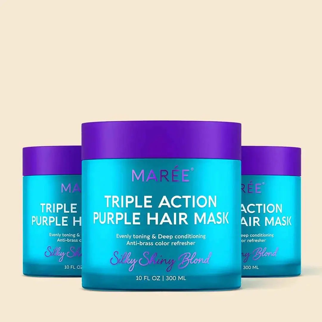 Marée Triple Action Purple Hair Mask 3-pack for blonde hair in blue jars with purple lids