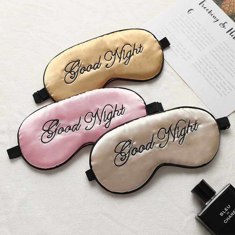 Embroidered silk eye mask set of 3 in gold, pink and beige with Good Night embroidery