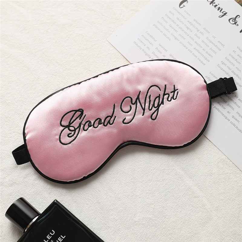 Eye mask by RadiantRoots, pink silk with black trim, embroidered Good Night