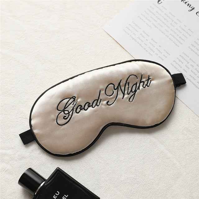 Silk eye mask with beige satin, black trim, embroidered Good Night
