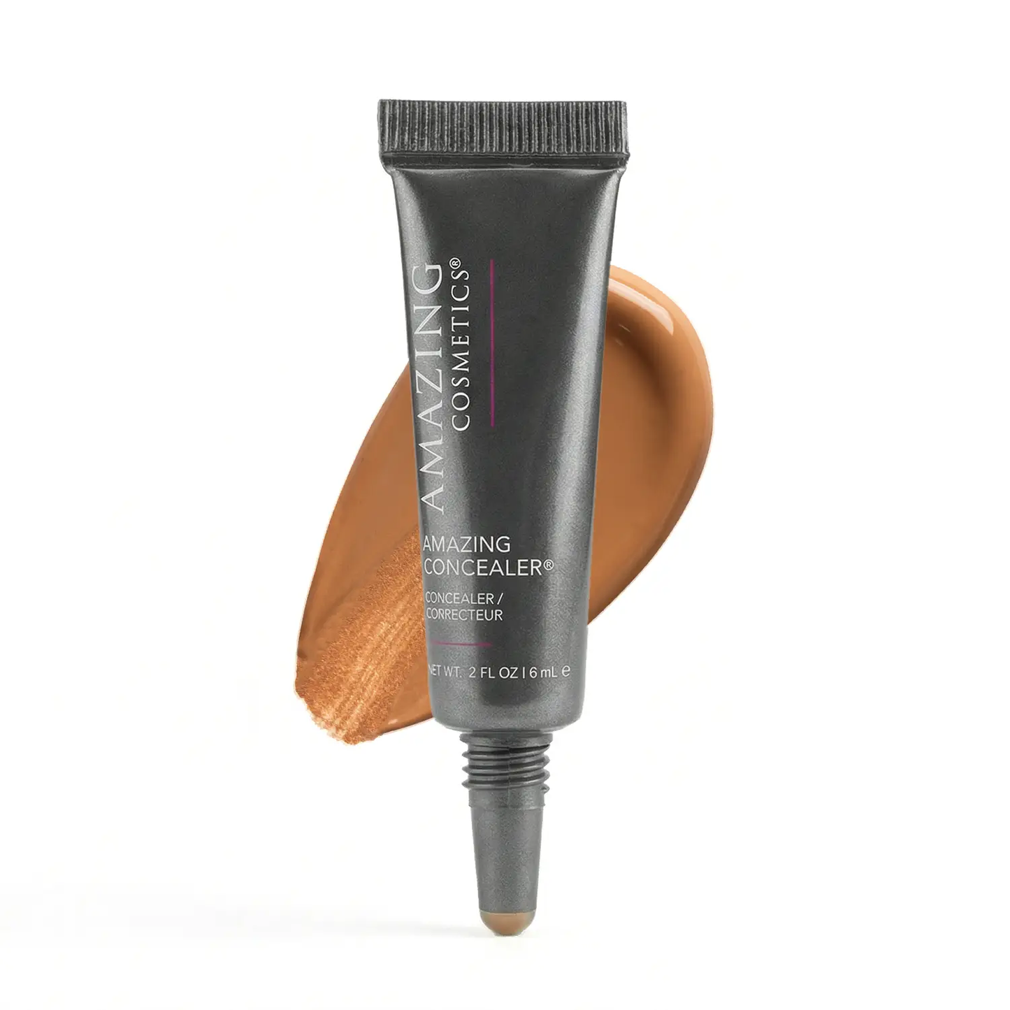 AmazingConcealer tube by AmazingCosmetics; gray packaging with brown concealer swatch
