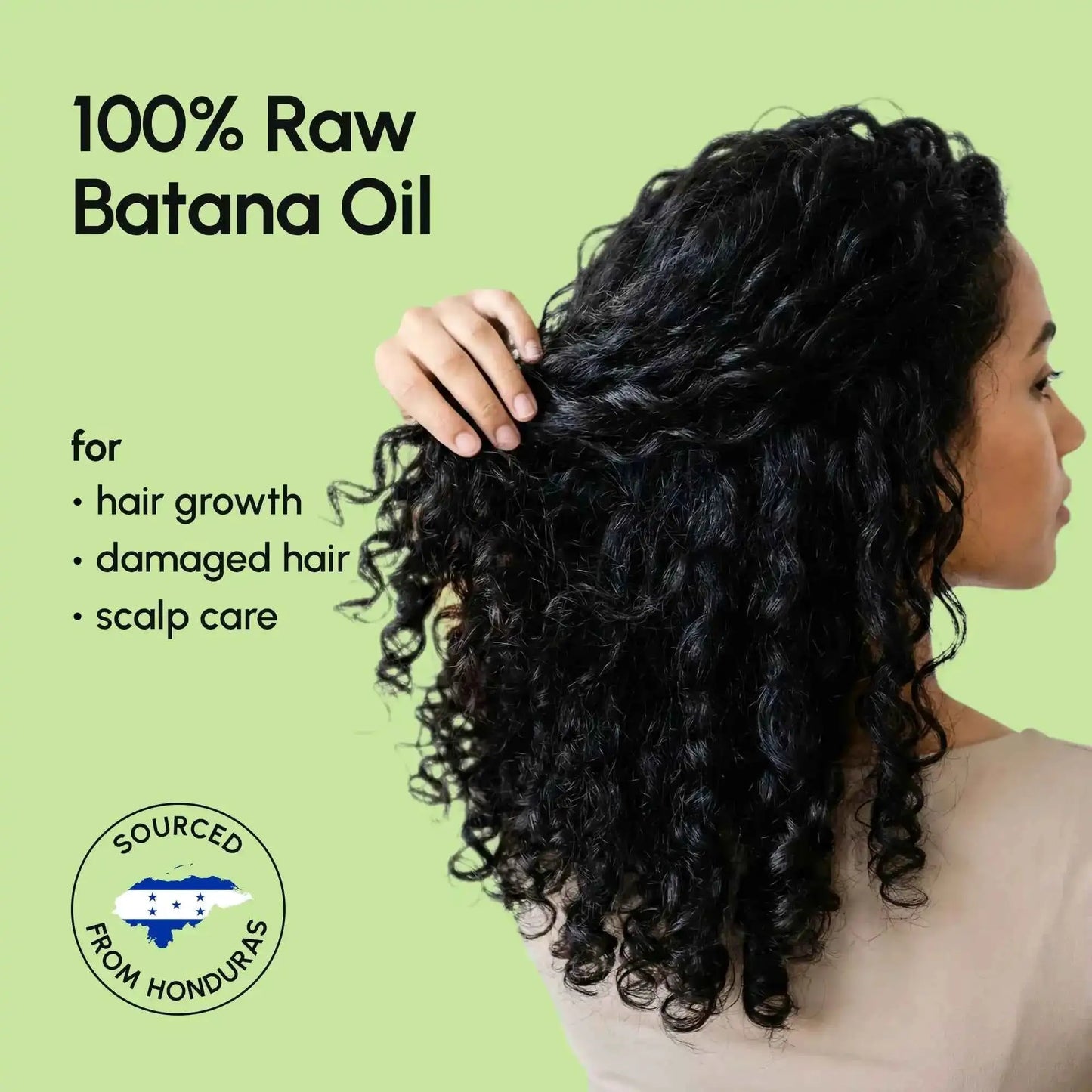 Marée Batana Oil by RadiantRoots banner with 100% Raw Batana Oil on a lime background and a model with curly hair
