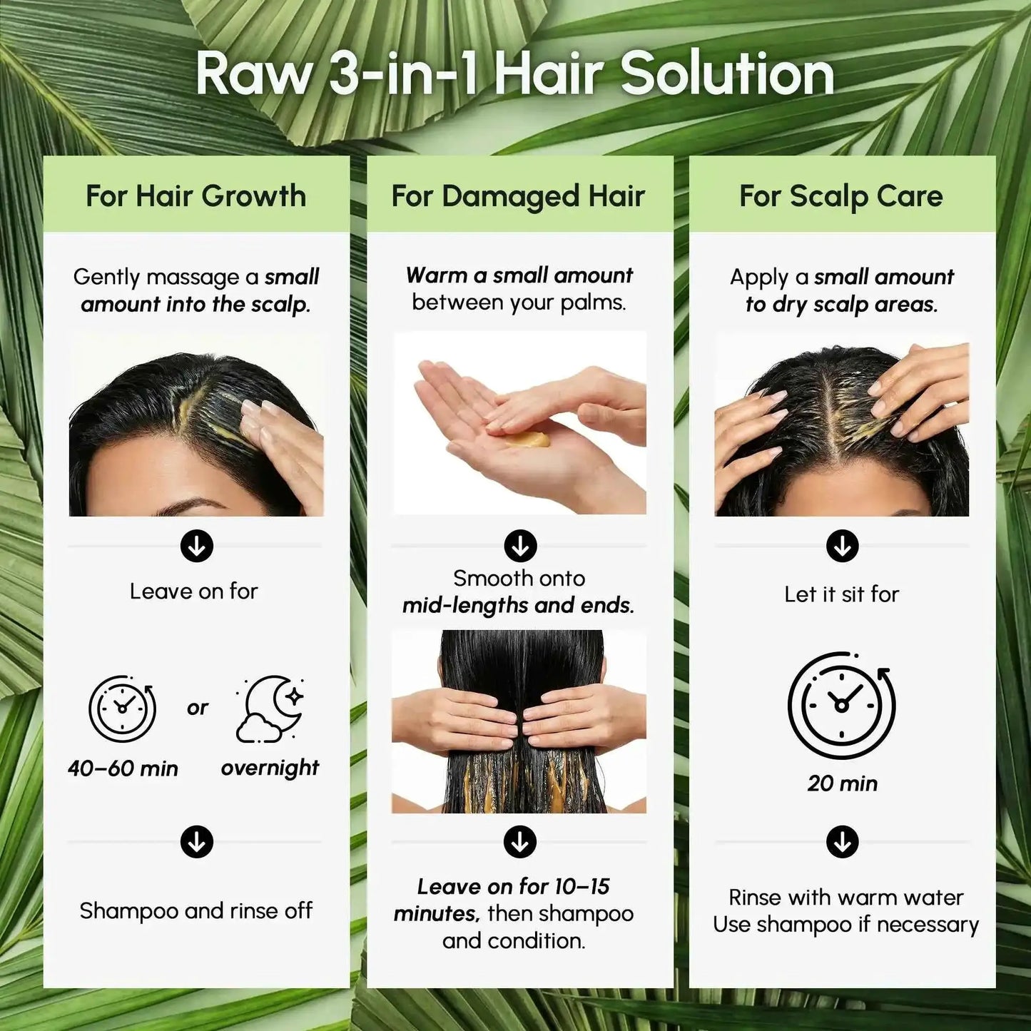 Marée Batana Hair Paste by RadiantRoots; 3-in-1 hair solution collage on tropical leaves with panels for hair growth, damaged hair, and scalp care.