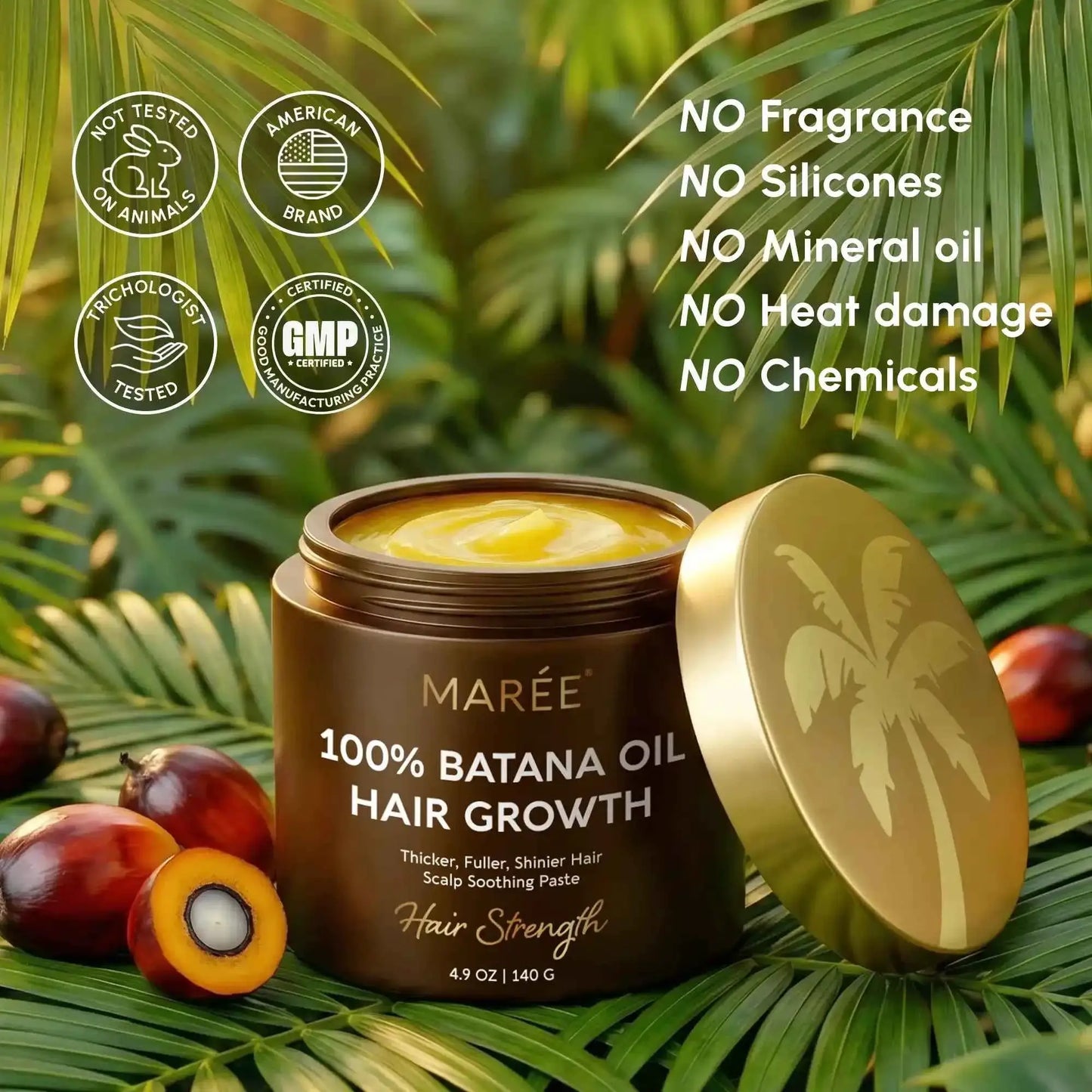 Marée Batana Hair Growth Paste by RadiantRoots in a brown jar with a gold lid, surrounded by tropical leaves.