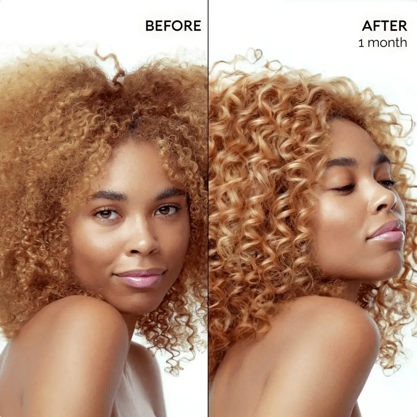 Keratin Hair Treatment by RadiantRoots; 2-panel before/after of curly blonde hair (1 month).