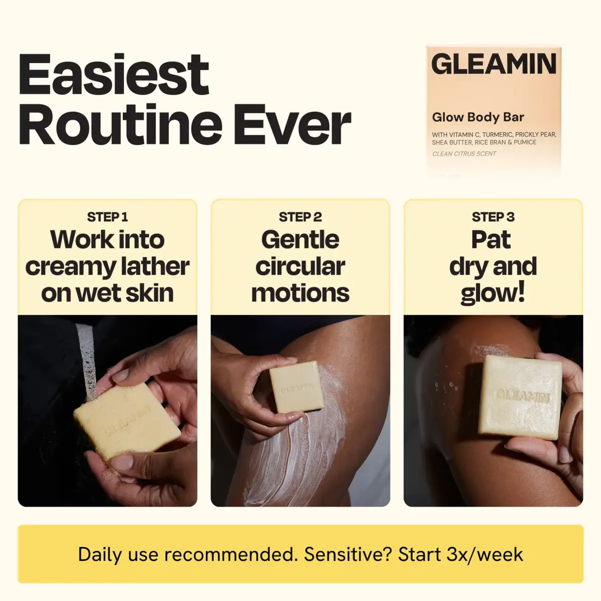 Gleamin Glow Body Bar soap; pale yellow bar shown with three-step routine panels