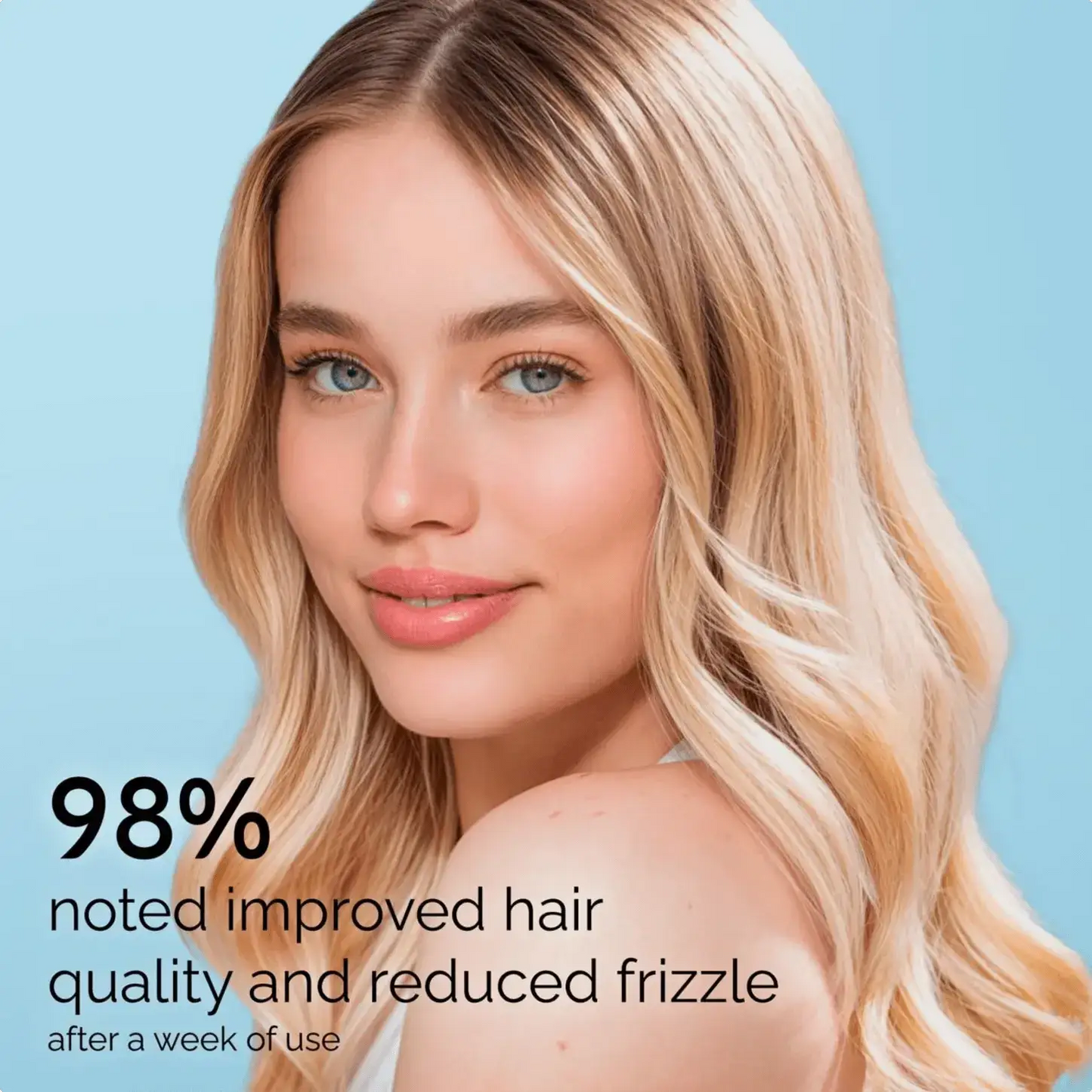 Keratin Hair Treatment for blonde hair, spa-grade finish on model against blue background
