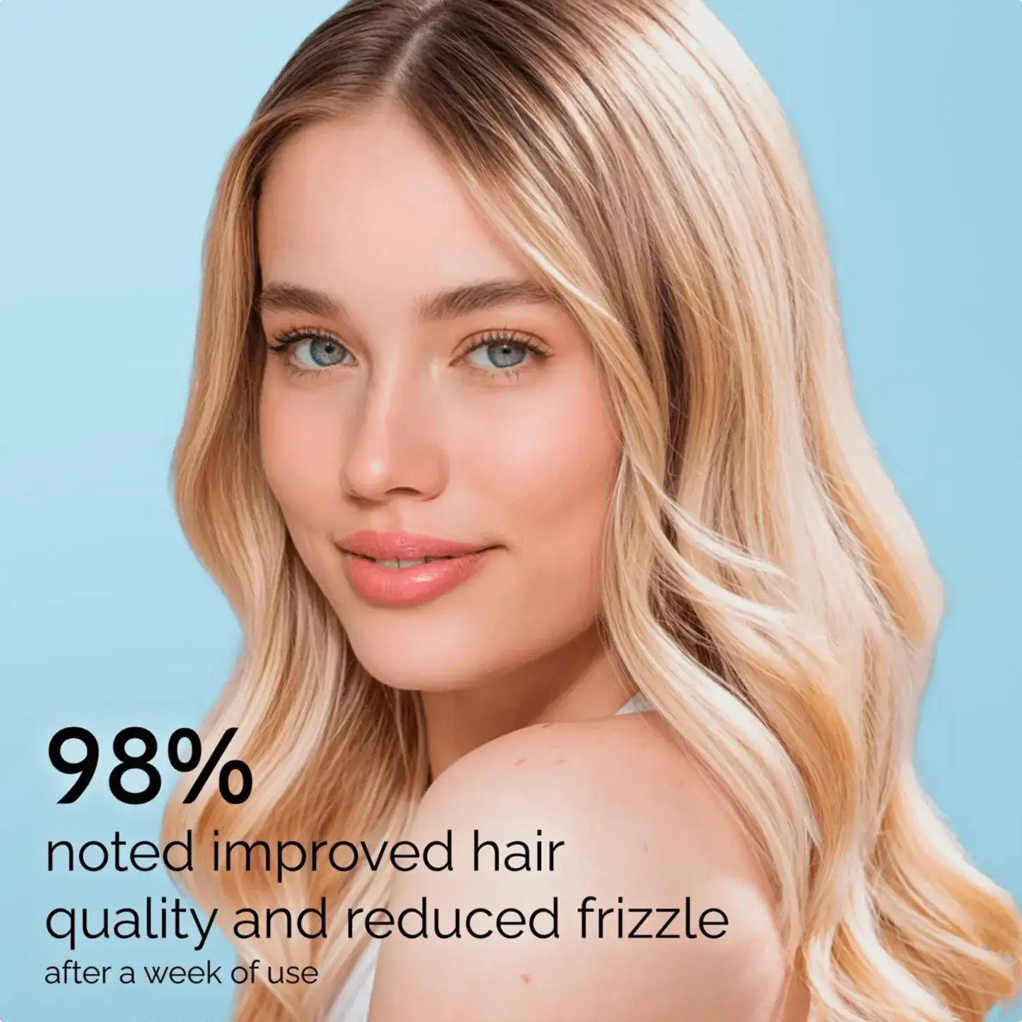 Keratin Hair Treatment for blonde hair, spa-grade finish on model against blue background