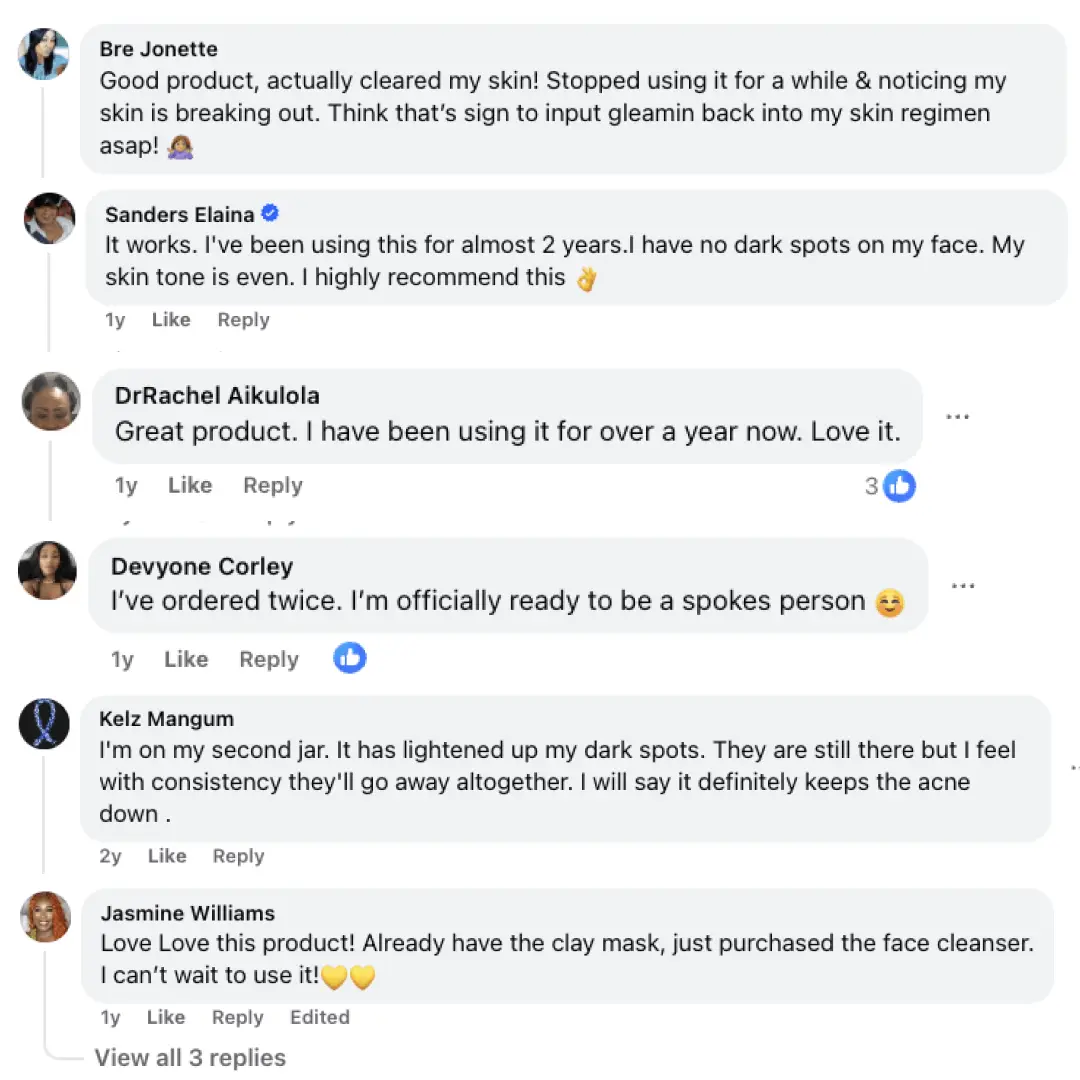 Gleamin Vitamin C Clay Mask, a face mask for brightening and pore clearing, shown with customer reviews.