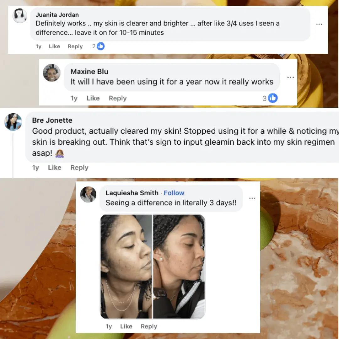 Gleamin Vitamin C Clay Mask, face mask for brightening and pore clearing; testimonial collage.
