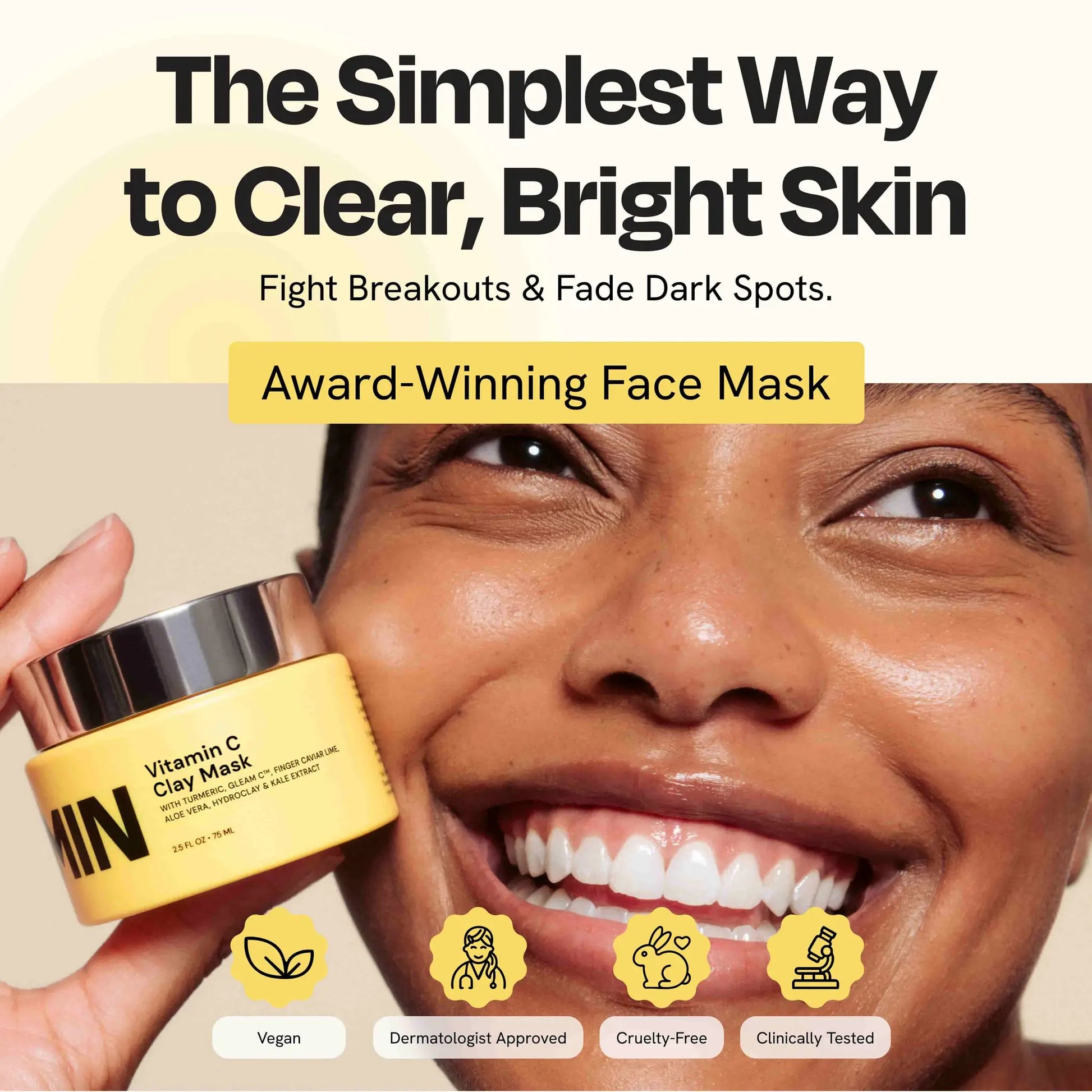 Vitamin C Clay Mask by Gleamin in a yellow jar for clear, bright skin.