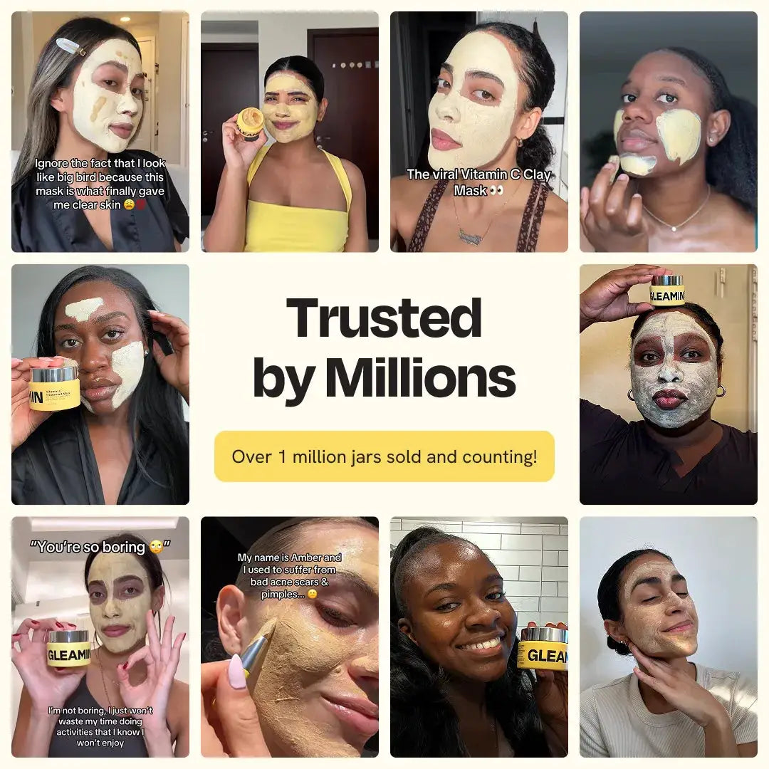 Face mask collage featuring Gleamin Vitamin C Clay Mask for brightening and pore clearing.