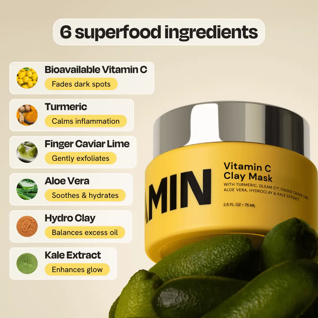Face mask: Gleamin Vitamin C Clay Mask in a yellow jar with 6 superfood ingredients