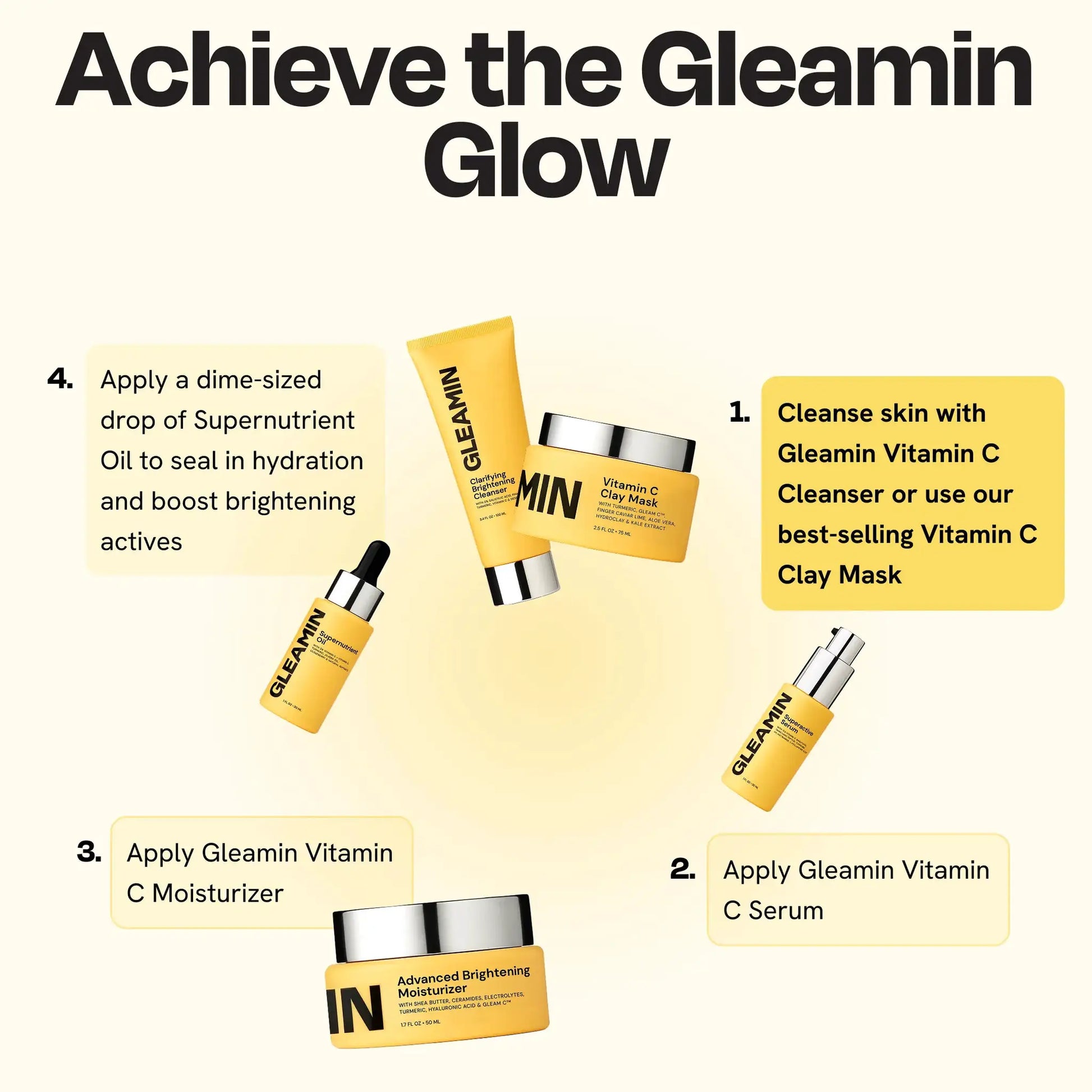 Clarifying Brightening Cleanser by Gleamin; yellow facial cleanser with 2% salicylic acid, Gleamin items shown.