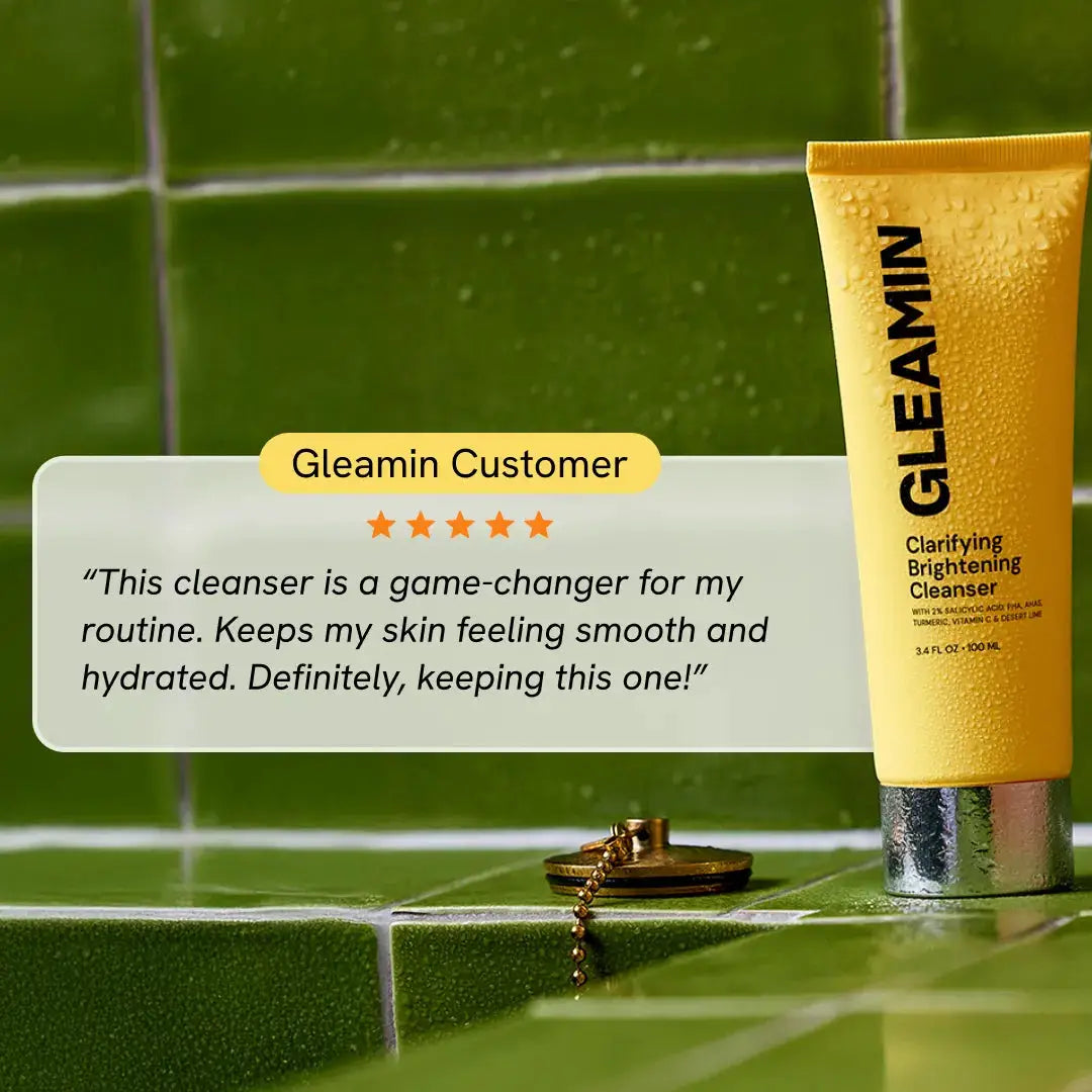 Clarifying Brightening Cleanser by Gleamin, yellow tube with logo, 2% salicylic acid AHA/PHAs