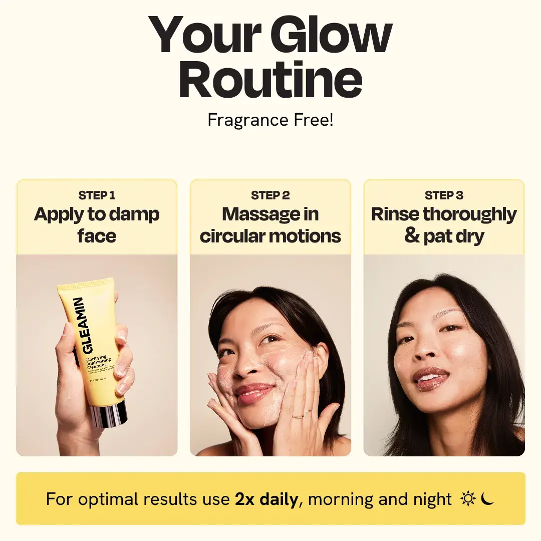 Gleamin Clarifying Brightening Cleanser tube with three-step facial routine panels