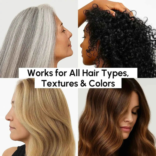 Deep Hydrating Coconut Conditioner by Maree; for all hair types, collage of gray, black, blonde and brown hair
