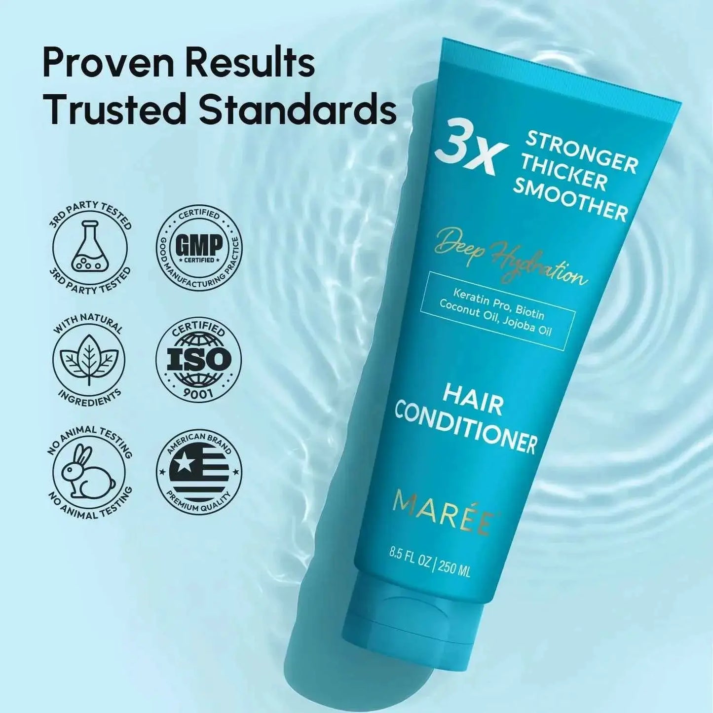 Deep Hydrating Coconut Conditioner bottle from Mareé, turquoise color, 8.5 oz/250 ml, hair conditioner.