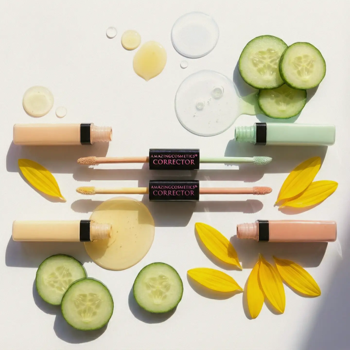 Color Correctors concealers by AmazingCosmetics; nude and peach tubes with wands, cucumber slices and yellow petals.
