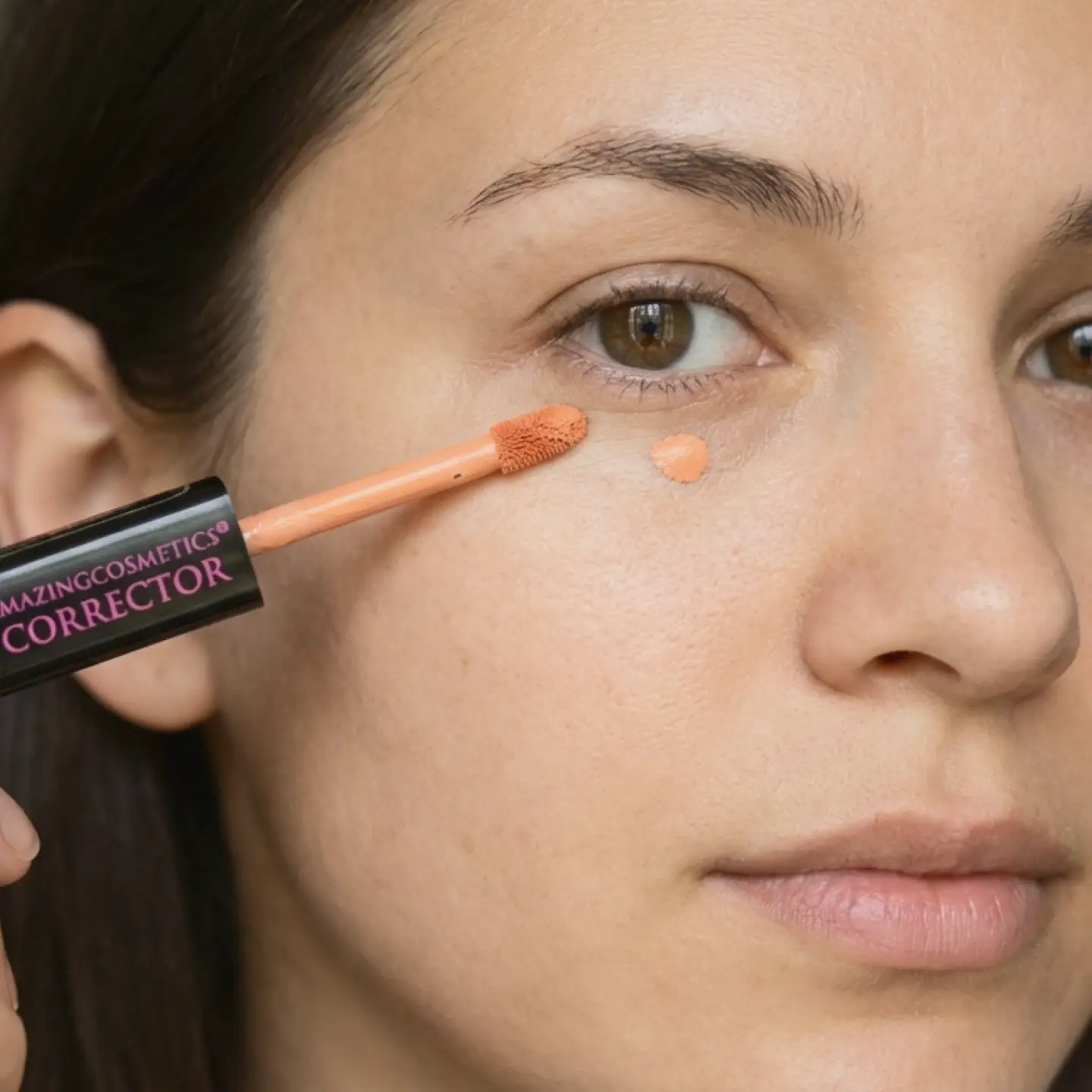 AmazingCosmetics color corrector concealer in peach shade applied under the eye with applicator wand
