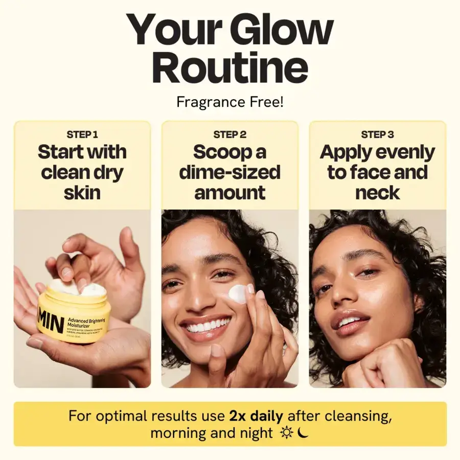 Gleamin Advanced Brightening Moisturizer facial moisturizer, fragrance-free, yellow jar with three-step routine panels.