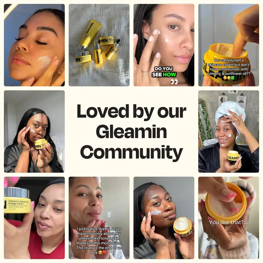 Advanced Brightening Moisturizer by Gleamin — collage of 12 skincare photos featuring yellow jars.