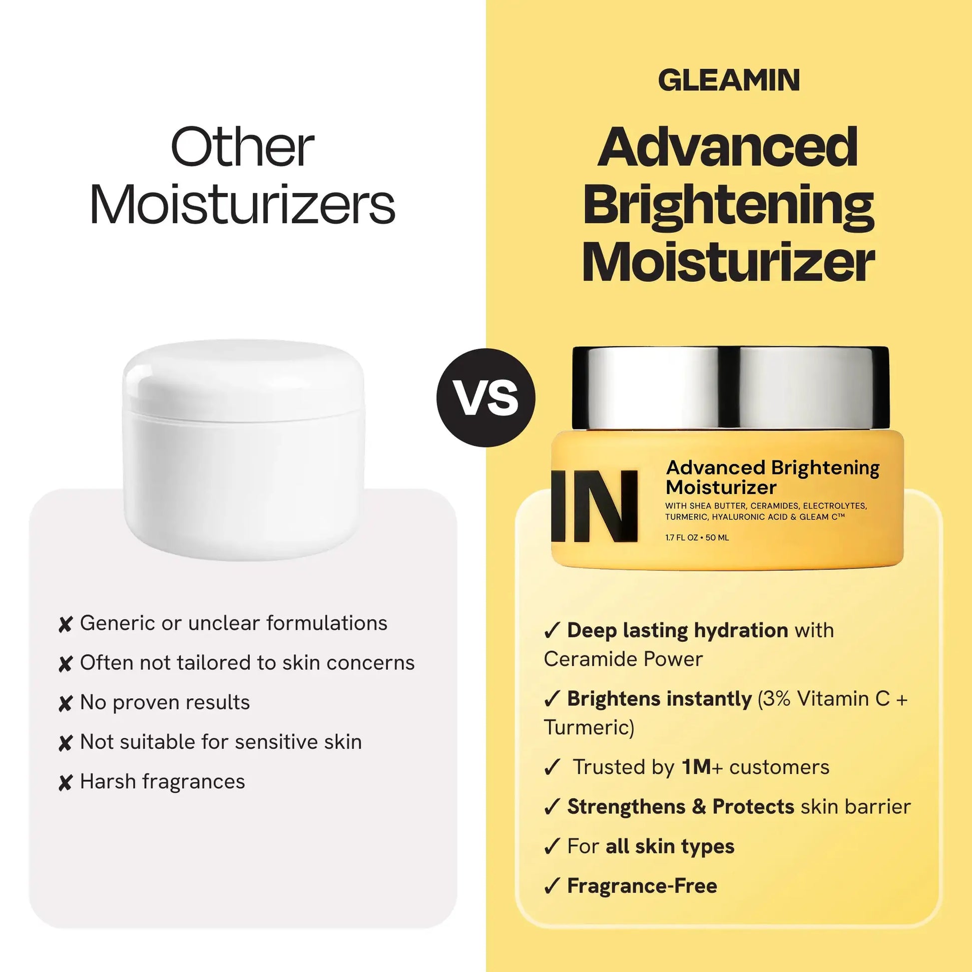 Gleamin Advanced Brightening Moisturizer facial moisturizer product shot on a yellow panel; shows white jar.