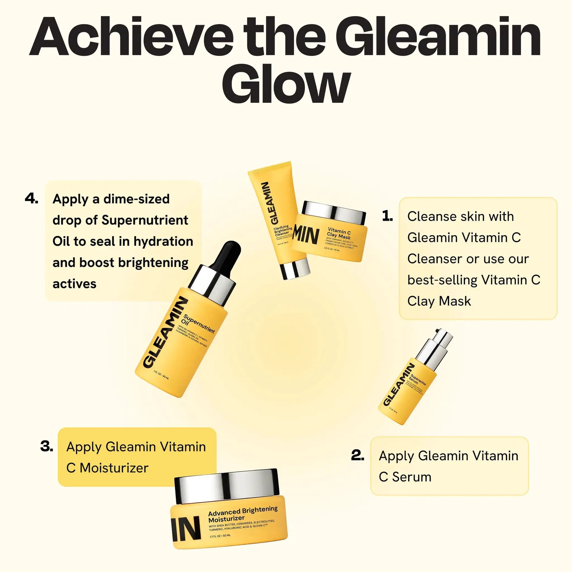 Advanced Brightening Moisturizer by Gleamin, a facial moisturizer, shown with four yellow Gleamin tubes.