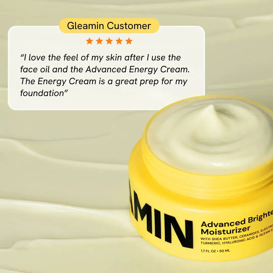 Gleamin Advanced Brightening Moisturizer facial moisturizer in a yellow jar with white cream.