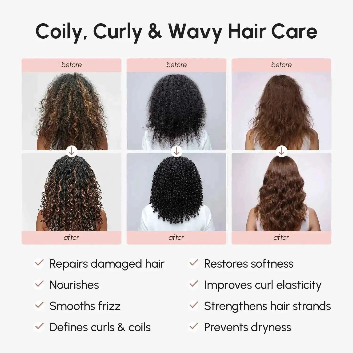 Marée Curl Repair Hair Mask by RadiantRoots; before/after results on curly hair (3 sets)