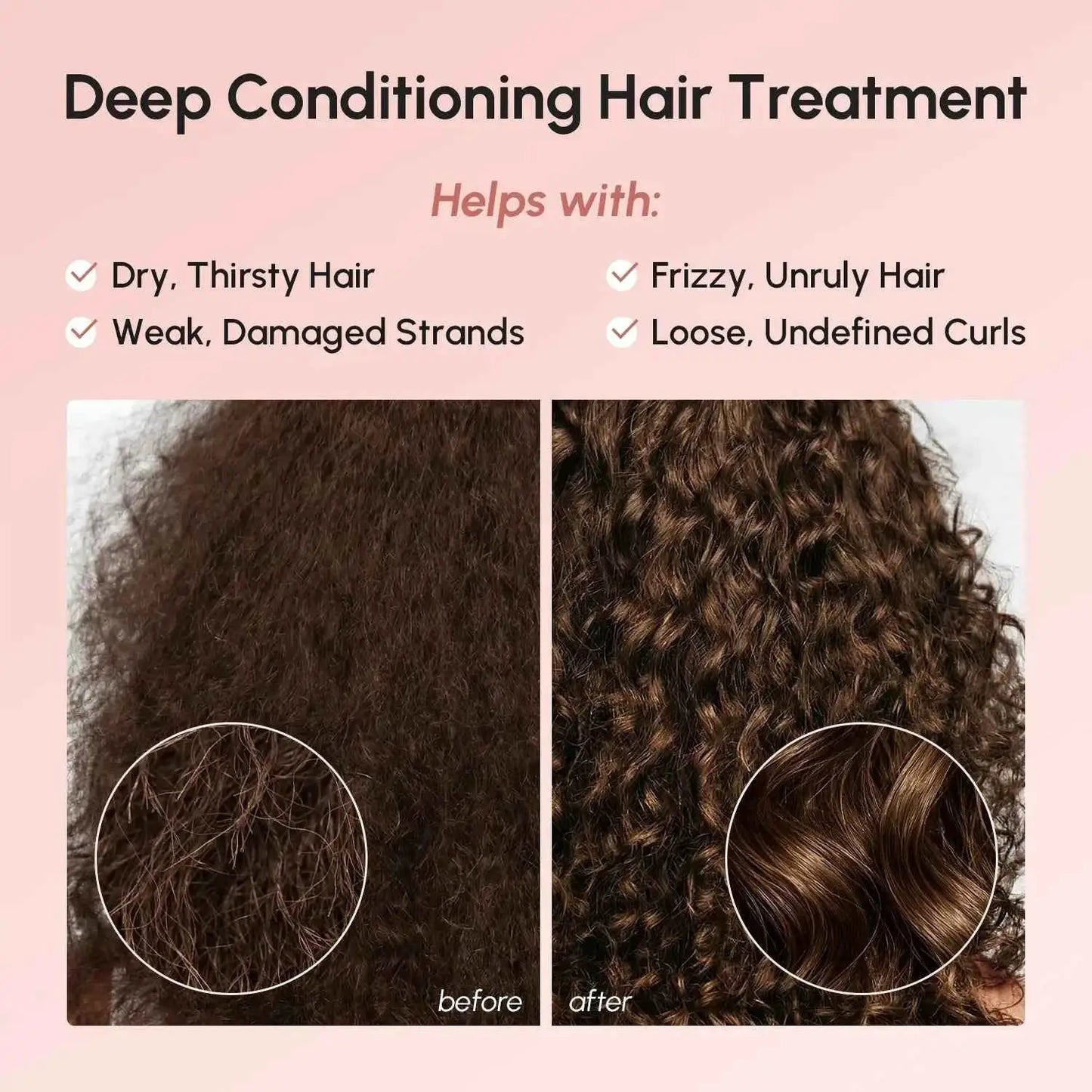 Marée Curl Repair Hair Mask by RadiantRoots; professional hair care mask for curly hair, before/after transformation.