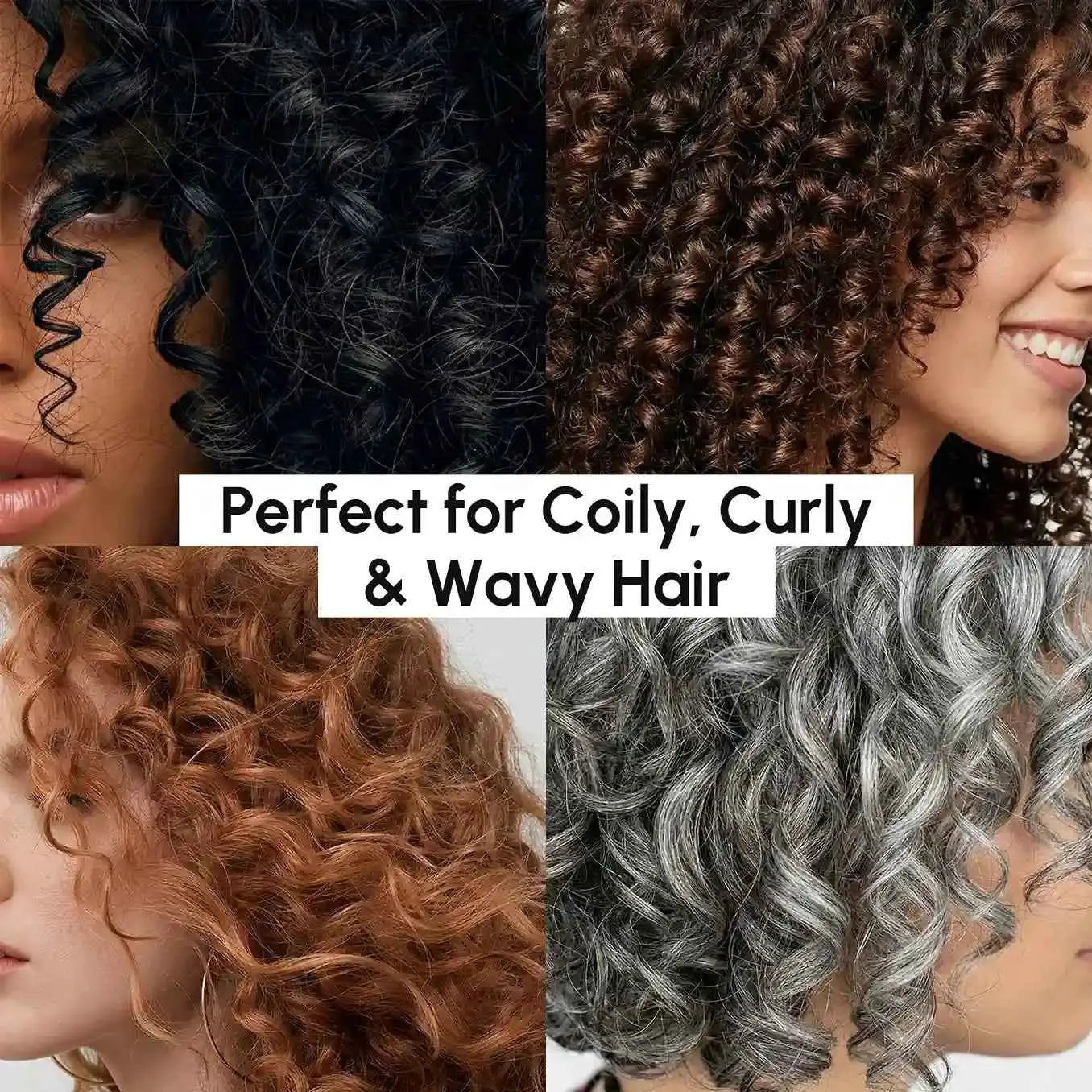 Marée Curl Repair Hair Mask by RadiantRoots; collage of four curly hair textures in black, brown, copper, and silver