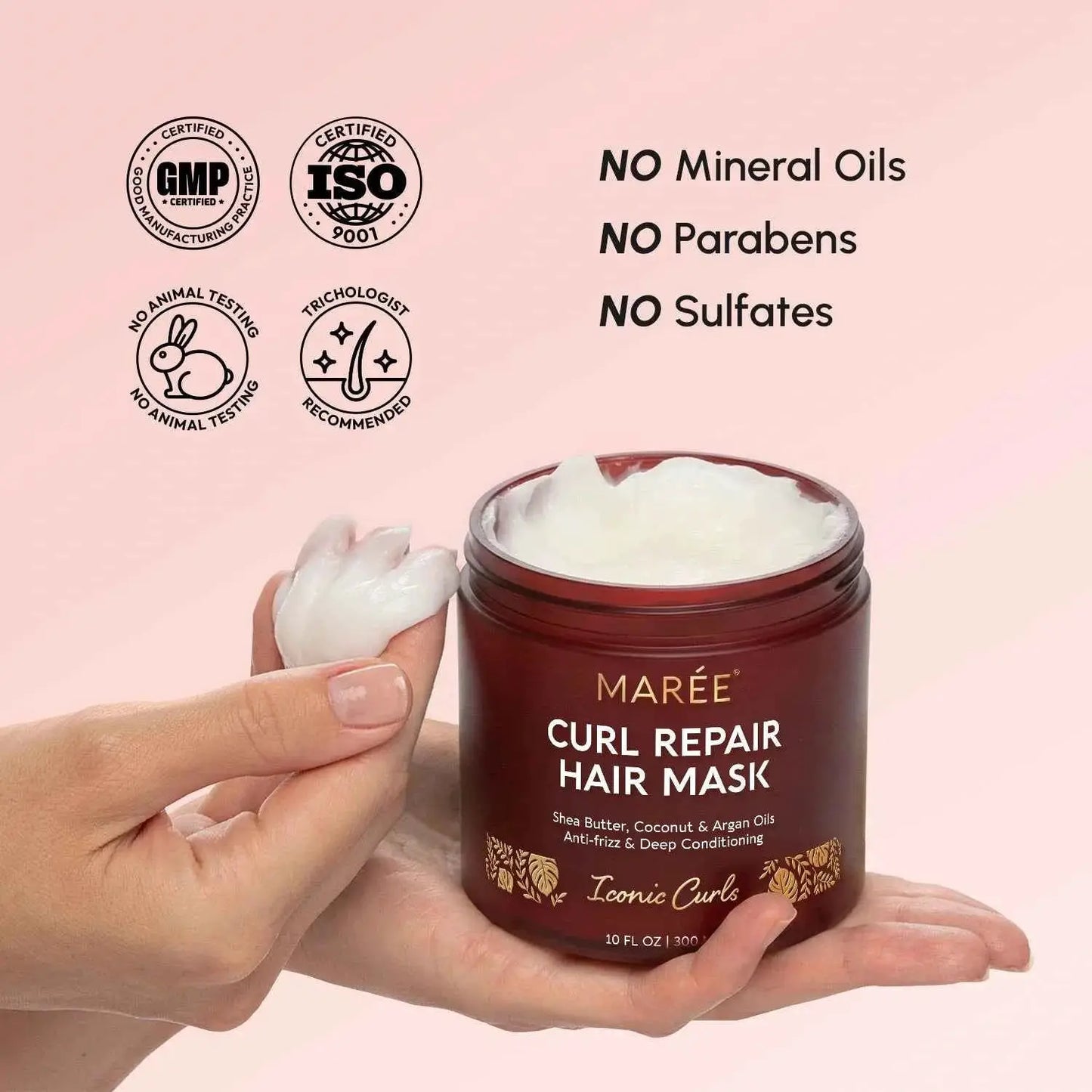 Marée Curl Repair Hair Mask; maroon jar with white cream, hand holding a dollop