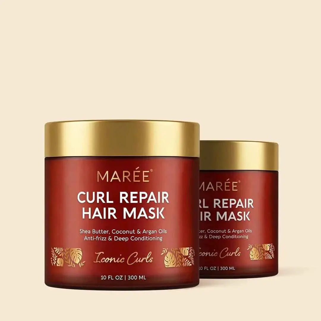 Marée Curl Repair Hair Mask red jars with gold lids, dual-pack hair care mask