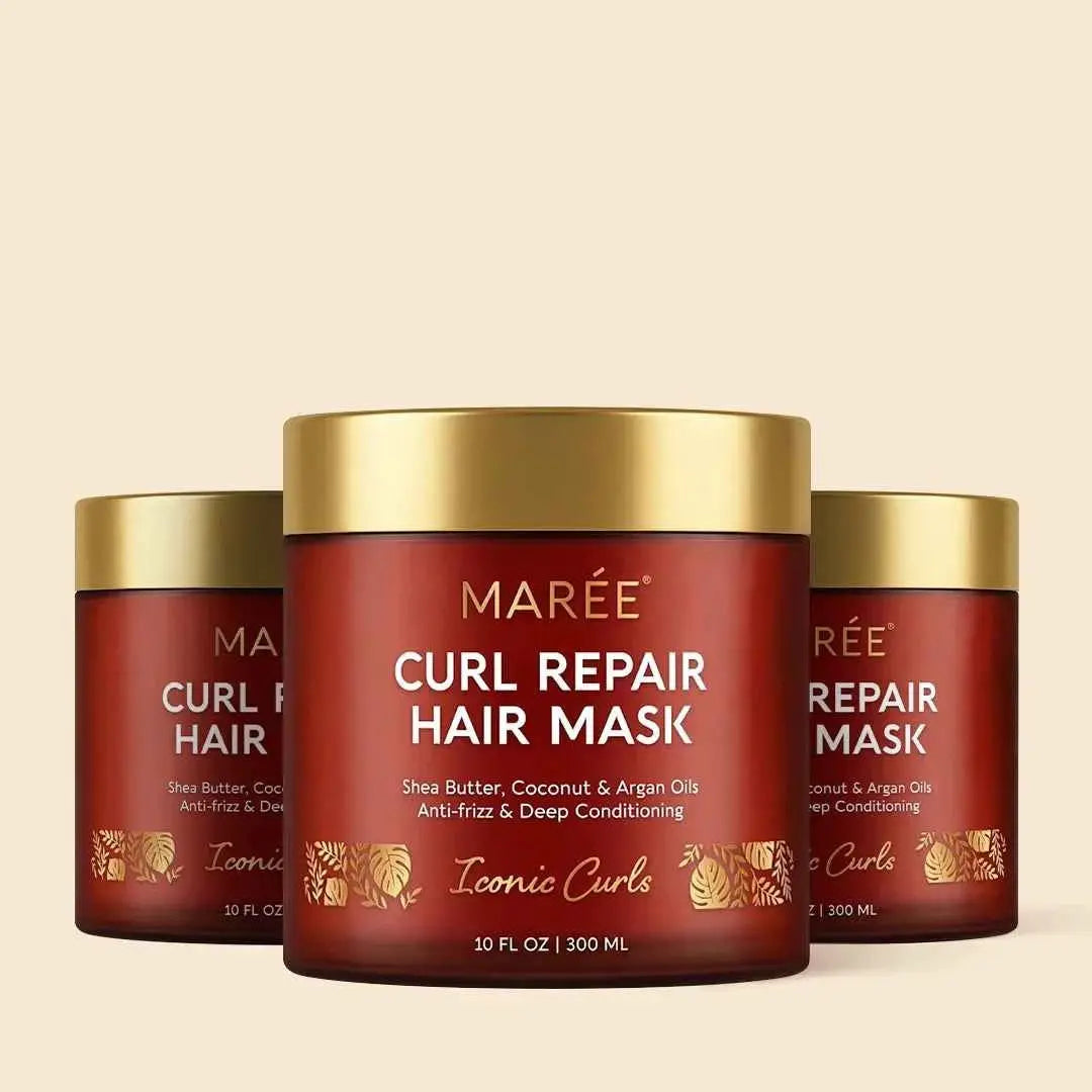 Maree Curl Repair Hair Mask red jars with gold lids; triple-pack, 10 oz/300 ml each