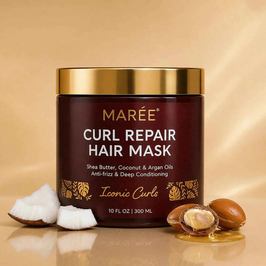 Curl Repair Hair Mask by Mareé in a dark bottle with a gold lid; coconut & argan oils