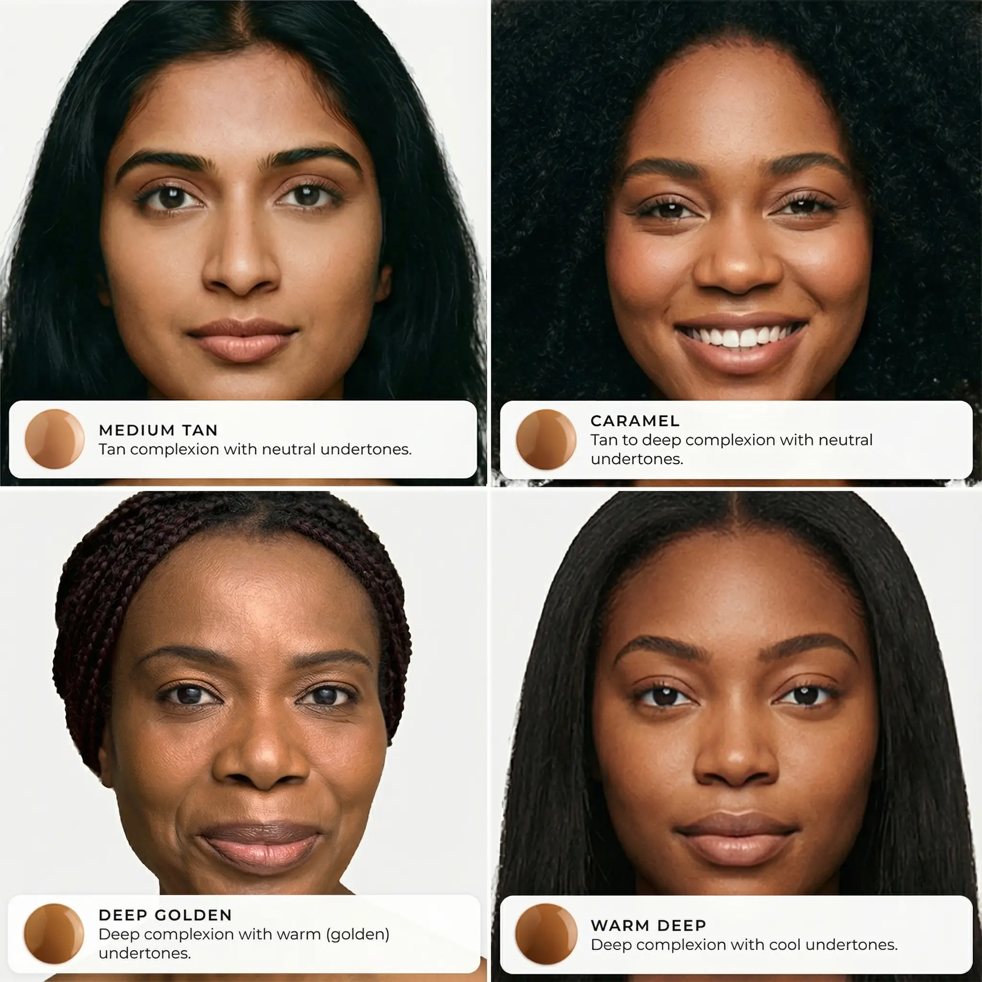 AMAZINGCONCEALER shade comparison by AmazingCosmetics: Medium Tan, Caramel, Deep Golden, Warm Deep shades