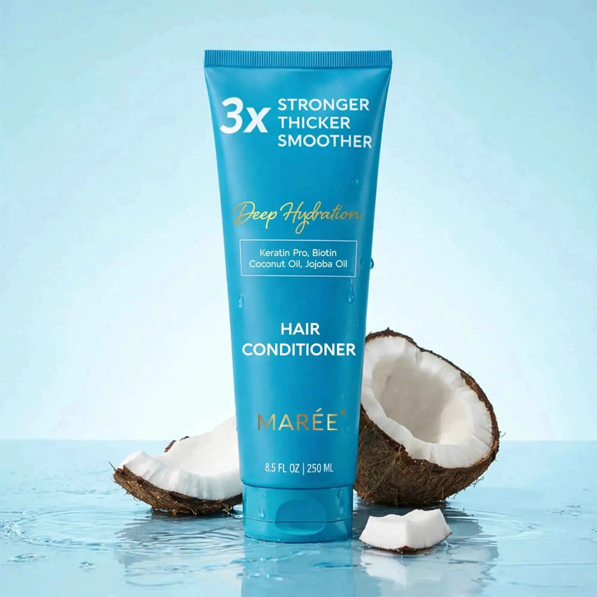 Deep Hydration Coconut Conditioner tube by Mareé in blue with coconut halves
