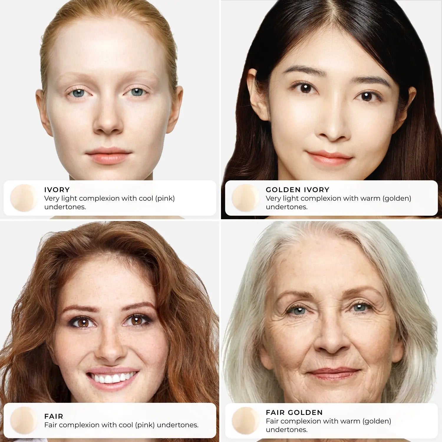 AMAZINGCONCEALER four shade swatches: Ivory, Golden Ivory, Fair, Fair Golden.