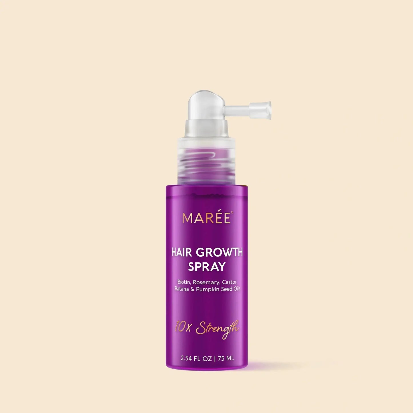 4-in-1 Hair Growth Spray Maree bottle with purple label on beige background