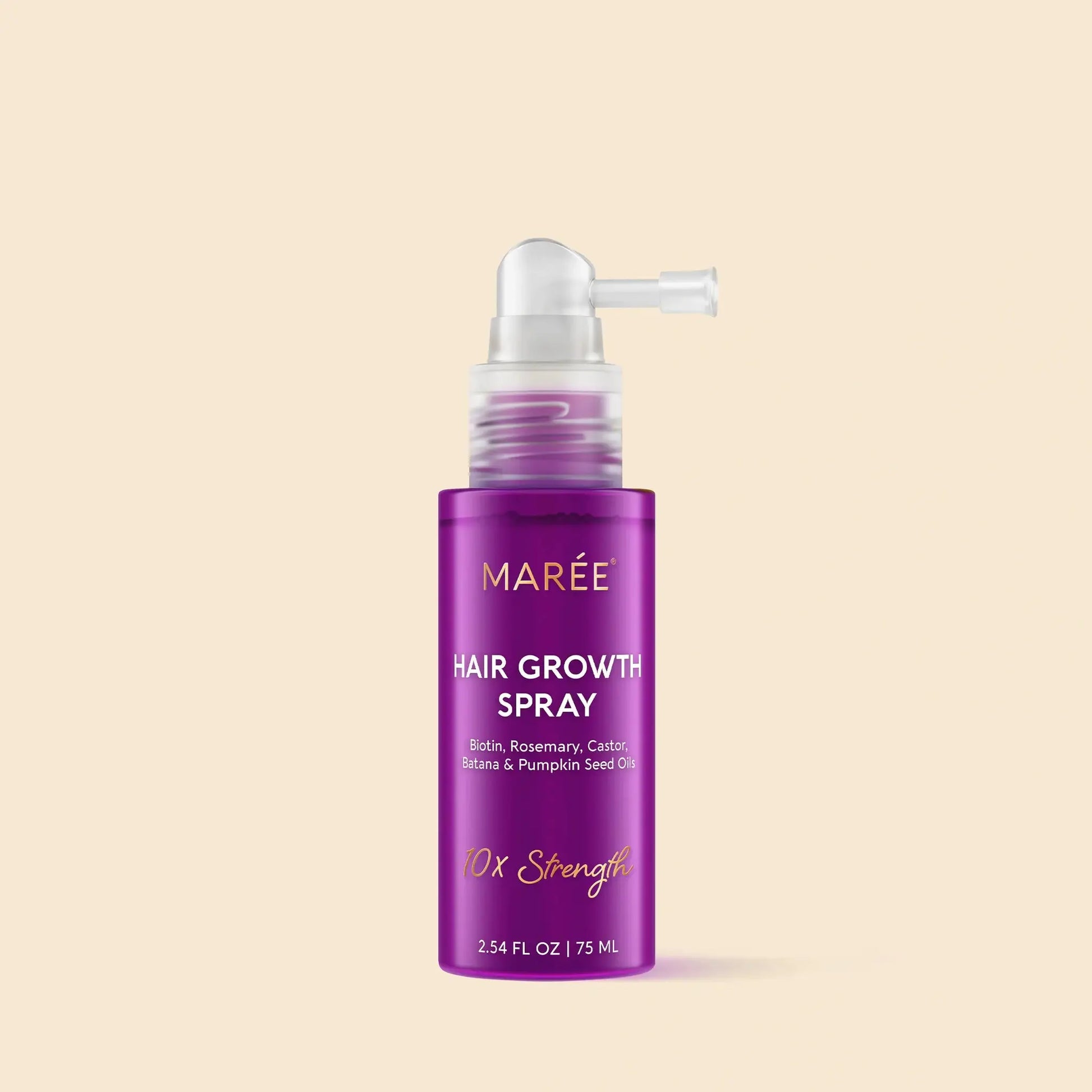 4-in-1 Hair Growth Spray Maree bottle with purple label on beige background