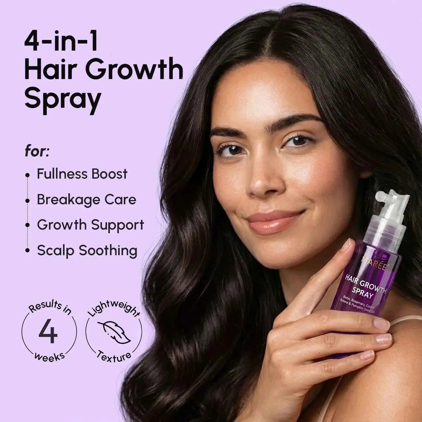 4-in-1 Hair Growth Spray by Maree in a purple bottle held by a woman against a lavender background