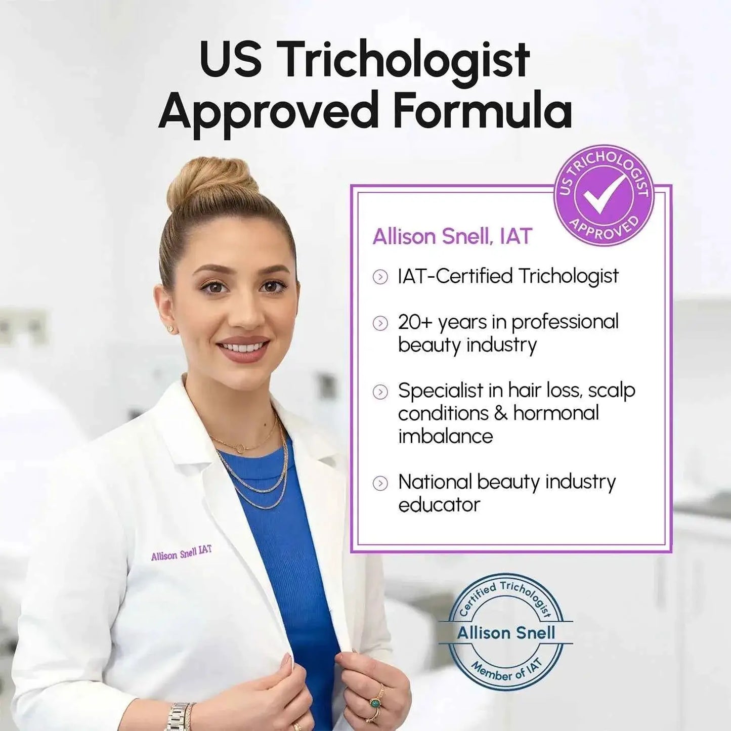 4-in-1 Hair Growth Spray featuring IAT-certified trichologist Allison Snell in a white lab coat