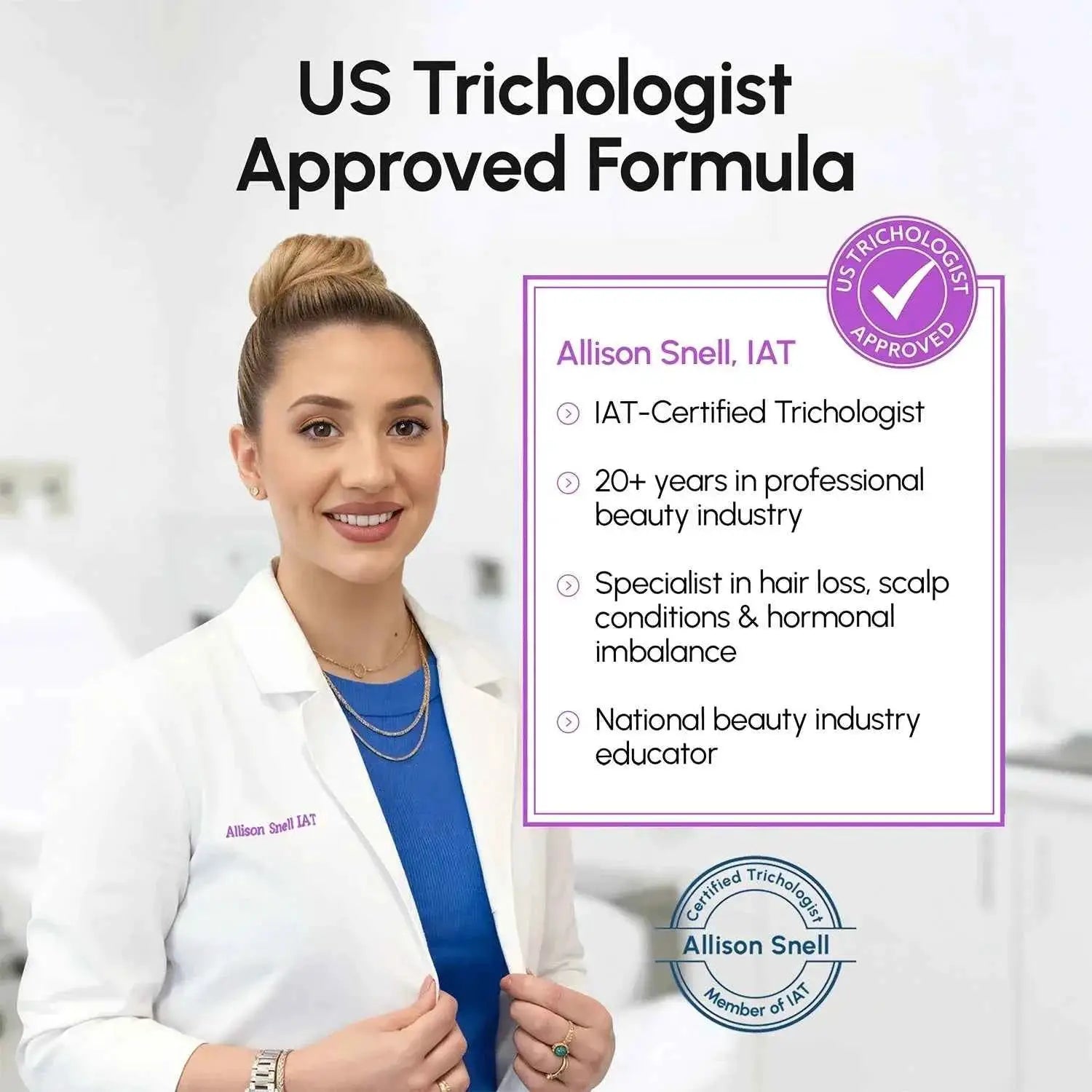 4-in-1 Hair Growth Spray featuring IAT-certified trichologist Allison Snell in a white lab coat