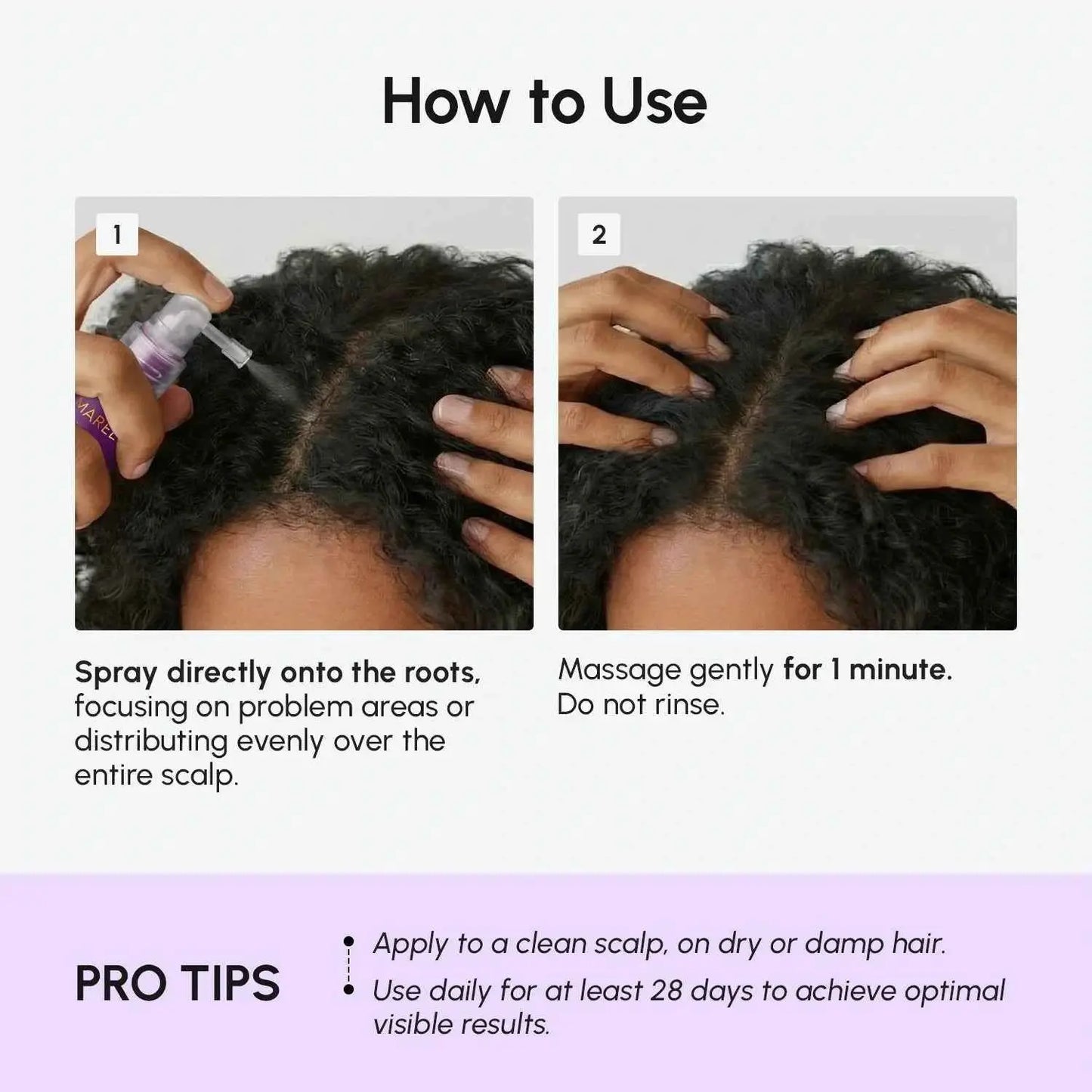 Maree 4-in-1 Hair Growth Spray; purple bottle shown in a two-step infographic for applying to roots and scalp massage
