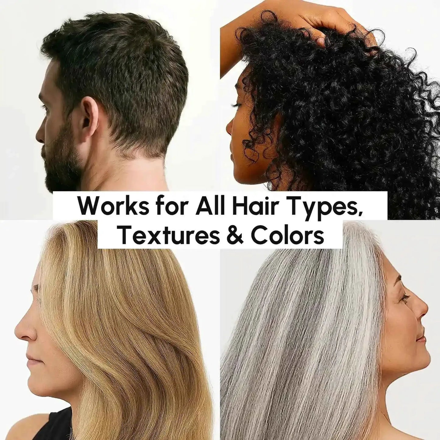 4-in-1 Hair Growth Spray by Maree; collage of four hair types and colors.